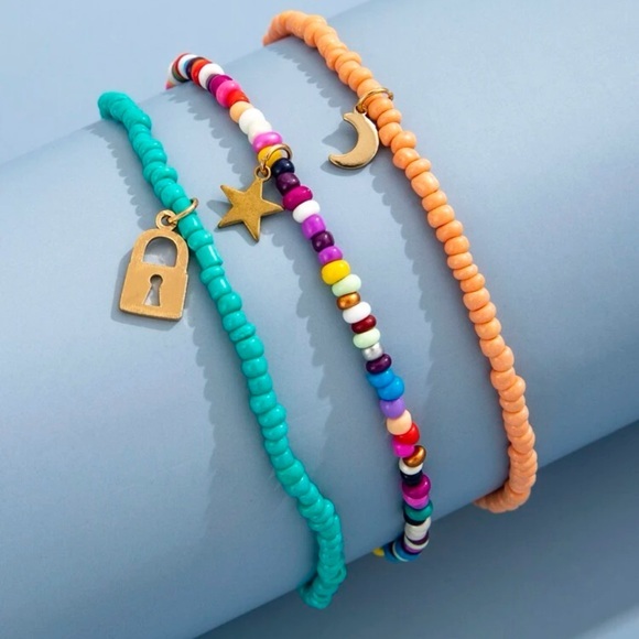 3 pcs Moon Star Lock Beaded Anklet Set Golden Charms Multicolor - Picture 3 of 6